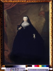 「エリザベート・ペトロヴナ (1709-1762) の肖像、ピョートル大帝の娘であるエリザベート 1 世の名前でロシアの皇后」彼女は変装し、手にマスクを持っています。 Georg-Christoph (Georg Christoph) Grooth (1716-1749) による絵画 1748 State Tretyakov G 作： Georg Christoph Grooth