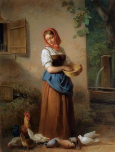 ニワトリやハトに餌をやる女の子 作： Georg Decker