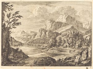 荒廃した城と遠くにアーチ型の橋がある山岳風景 作： Georg Eisenmann