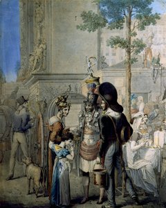 パリのココナッツ商人Porte Saint Denis。パリの街角でココナッツカップを売る古い商人の店。ドイツ人ジョージ・エマニュエル・オピッツ（1775-1841）のドローイング、パリ。カルナヴァレ博物館