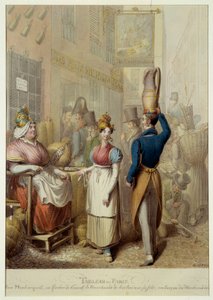 Tableau de Paris: パリのモントルグイユ通りとカフェレストラン「Le Rocher de Cancale」。街の商人と通行人。ドイツ人ジョージ・エマニュエル・オピッツ（1775-1841）の石版画