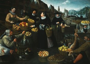 秋の寓話：フランクフルトのワインマルクトの上の果物と野菜の屋台、 作： Georg Flegel