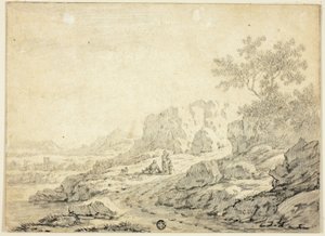 岩の多い風景と道行く人物と犬 作： Georg Friedrich Dietzsch