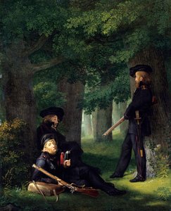 "Les avant-poste" (Portraits de Theodor Koerner (1791-1813, poete et militaryitaire prussien), Karl Friedrich Friesen (1784-1814, educateur et franc tireur) et Heinrich Hartmann) Peinture de Georg Friedrich Kersting (1785-1847) 1815 Dim 46x35 cm 作： Georg Friedrich Kersting