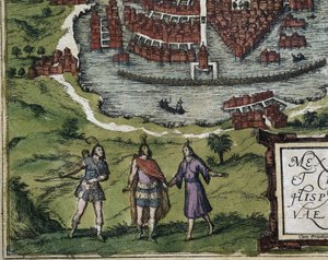ブラウン，ジョージ（1541-1622）。オルテリウス，アブラハム（1527-1598）。ホーゲンベルク，フランツ（1535-1590）。シビタティス・オルビス・テラルム（Theatrum orbis terrarum）。1572-1617.メキシコ・シティ（1576年）。アステカのディテール。エッチング。スペイン.カスティーリャとレオンサラマンカサラマンカ大学 作： Georg Hogenberg Franz (1535 90) & Ortelius Abraham (1527 98) Braun