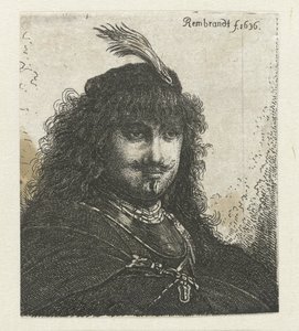 自画像 (?) 羽毛のついた帽子と下げたサーベル 作： Georg Leopold Hertel