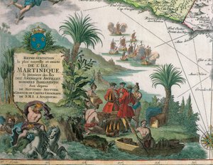 Matthieu Seutterが作成したマルティニークの地図、詳細。商人とネイティブアメリカン・インディアン 作： Georg Matthäus Seutter