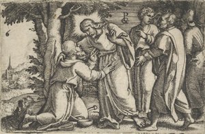 ハンセン病患者を癒すキリスト、『キリストの物語』、1534-35年より。 作： Georg Pencz