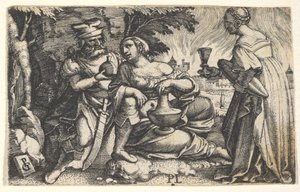 ロトと彼の娘たち：中央にいる娘が右腕をロッツの膝と膝の上に置いています... 1531。 作： Georg Pencz
