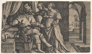 シリーズ...から、ベッドのふもとに座るアブラハムにハガールを紹介するサラ。 1543年。 作： Georg Pencz