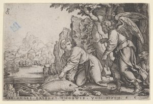 トビオロスは魚を捕まえる、『トビアスの物語』、1543 年。 作： Georg Pencz