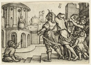 かごにぶら下がっている魔術師ウェルギリウス 作： Georg Pencz
