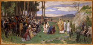 Anschaire (Oscar) de Breme (801-865) preche le christianisme en Scandinavie - Ansgar Preaching Christianity, by Pauli, Georg (1855-1935).キャンバスに油彩。サイズ：64x136 cm。ストックホルム国立博物館 作： Georg Vilhelm Pauli