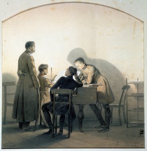 ピアノで（ピアノで）。 クリミア戦争中にピアノを弾くロシア兵。 ジョージ ヴィルヘルム ティム (1820-1895) の絵画。 紙に水彩、鉛筆、20.8 x 20.1 cm 作： Georg Wilhelm Timm