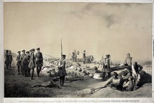 1855 年 2 月 12 日の攻撃の後、大公ニコライ ニコライエヴィッチとマイケル ニコラエヴィッチが再収容所を訪れた (リトグラフ) 作： Georg Wilhelm Timm