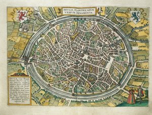 ベルギー、ケルンのゲオルグ・ブラウン（1541-1622）とフランツ・ホーゲンベルグ（1540-1590）の『Civitates Orbis Terrarum』からのブルージュ地図、エングレービング 作： Georg Braun and Hogenberg Franz