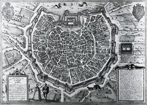 アントニオ・ラフレリ（1512-1577）が1572年に作成したミラノの都市地図（イタリアのゲオルク・ブラウンとフランツ・ホーゲンベルグが発行したもの 作： Georg Braun and Hogenberg Franz