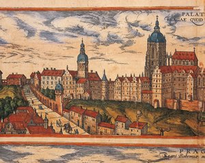 チェコ共和国、プラハ、城塞の眺め、ゲオルク・ブラウン（1541-1622）とフランツ・ホーゲンベルク（1535-1590）による『Civitates Orbis Terrarum』からのカラーエングレーヴィング。 作： Georg Braun and Hogenberg Franz