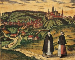 チェコ共和国、プラハ、城塞を背景にした都市の眺め、ゲオルク・ブラウン（1541-1622）とフランツ・ホーゲンベルク（1535-1590）による『Civitates Orbis Terrarum』のカラーエングレーヴィング。