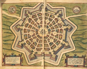 イタリア、パルマノヴァ、地図、ケルンで活躍したゲオルグ・ブラウンとフランツ・ホーゲンベルグの「Civitates Orbis Terrarum」からの刻印 作： Georg Braun and Hogenberg Franz