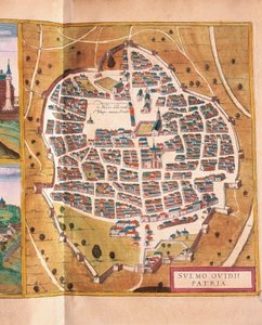 イタリア、スルモナ、ゲオルク・ブラウンとフランツ・ホーゲンベルグによる『Civitates Orbis Terrarum』からのスルモナの街、エングレーヴィング 作： Georg Braun and Hogenberg Franz