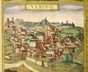 イタリア、ウルビーノ、都市の眺め、ゲオルク・ブラウン（1541-1622）とフランツ・ホーゲンベルク（1535-1590）の『Civitates Orbis Terrarum』からのカラーエングレーヴィング。 作： Georg Braun and Hogenberg Franz