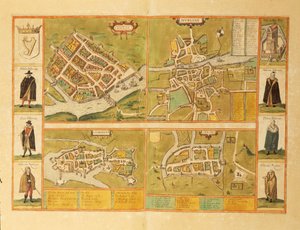 Georg BraunのCivitates Orbis Terrarumによるゴールウェイ、ダブリン、リムリック、コークの地図。 作： Georg Braun and Hogenberg Franz