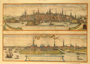 ゲオルグ・ブラウンの「Civitates Orbis Terrarum」よりリューベックとハンブルグの地図 作： Georg Braun and Hogenberg Franz