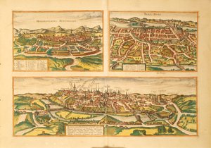 ゲオルグ・ブラウンの「Civitates Orbis Terrarum」より、モンペリエ、トゥール、ポワティエの地図。