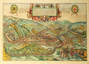 ゲオルグ・ブラウンの「Civitates Orbis Terrarum」に掲載されているピエモンテ州セラヴァッレ・スクリビアの地図。 作： Georg Braun and Hogenberg Franz