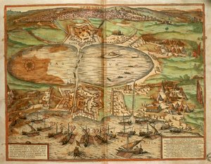 ゲオルク・ブラウンとフランツ・ホーゲンベルクの『Civitates Orbis Terrarum』からのチュニジア・チュニスの地図、エングレーヴィング