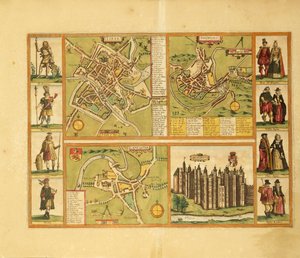 ゲオルグ・ブラウンの「Civitates Orbis Terrarum」より、ヨーク、シュルベリー、ランカスター、リッチモンド城の地図。 作： Georg Braun and Hogenberg Franz