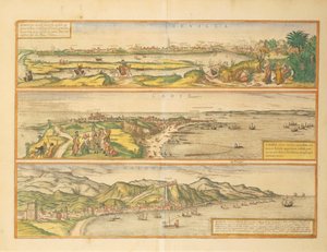 ゲオルグ・ブラウンの「Civitates Orbis Terrarum」より、スペインのセビリア、カディス、マラガの地図。