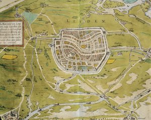 オランダ、ケルンのゲオルク・ブラウン（1541-1622）とフランツ・ホーゲンベルグ（1540-1590）の『Civitates Orbis Terrarum』からライデンの都市と地域を描いた地図、エングレーヴィング 作： Georg Braun and Hogenberg Franz