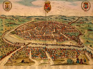 ゲオルク・ブラウン（1541-1622）とフランツ・ホーゲンベルク（1535-1590）による『Civitates Orbis Terrarum』からのカラーエングレーヴィング、スペイン、セヴィリア、都市の眺め 作： Georg Braun and Hogenberg Franz