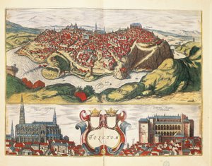 スペイン、トレド、ゲオルク・ブラウンとフランツ・ホーゲンベルクによる「Civitates Orbis Terrarum」よりトレドの街、エングレーヴィング 作： Georg Braun and Hogenberg Franz