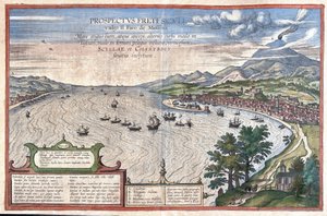 シチリア島とカラブリア島の間にあるメッシーナ島のデトロイト（イタリア）（エングレービング 作： Georg Braun and Hogenberg Franz