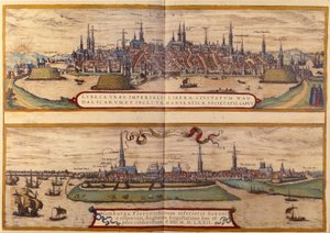 ドイツのリューベック市を上から、ハンブルグ市を下から見ています。1572年「ブラウンとホーゲンベルグ」のアトラスからの版画 作： Georg Braun and Hogenberg Franz