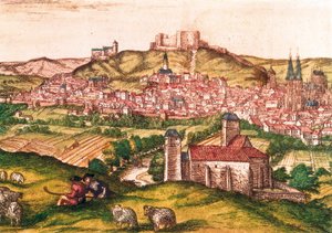 羊飼いと羊の群れを前景にしたスペイン・ブルゴスの街（1576年）。Civitatis Orbis Terrarum』に掲載された版画。