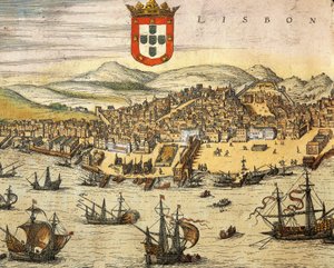 ゲオルク・ブラウンとフランツ・ホーゲンベルグの『Civitates Orbis Terrarum』よりリスボン市の地図、彫刻 作： Georg Braun and Hogenberg Franz