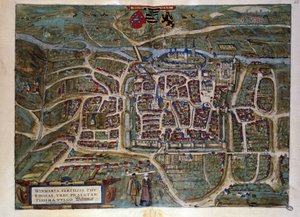 ドイツの都市ワイマールの地図。1572年「ブラウンとホーゲンベルグ」のアトラスからの版画 作： Georg Braun and Hogenberg Franz
