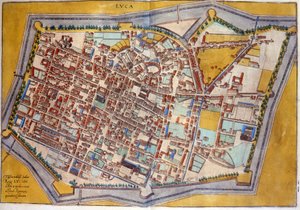 Plan de Lucques en 1585.アトラス・ドゥ・ブラウン＆ホーゲンバーグ 作： Georg Braun and Hogenberg Franz