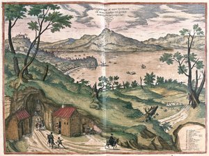 1579年のイタリア、ナポリ湾とヴェスヴェ（エングレーヴィング 作： Georg Braun and Hogenberg Franz