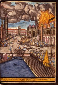 1577年、ヴェネツィアのサン・マルコ広場にあるドゥカーレ宮殿の大火。ジョージ・ブラウンの版画、フランツ・ホーゲンベルグ（1535-1590）著「シビタティス・オルビス・テラリウム」第1巻より