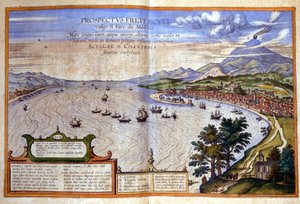 メッシーナ海峡-左はカラブリア州、右はメッシーナとエトナのシチリア島。アトラス・ド・ブラウンとホーゲンベルグ 作： Georg Braun and Hogenberg Franz