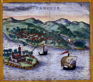 ブラウンとホーゲンベルグによる "Civitates Orbis Terrarum "版に掲載されたインドのカノナー（またはカンナノーレ）の風景 作： Georg Braun and Hogenberg Franz