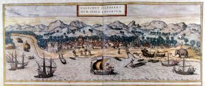 ブラウン＆ホーゲンバーグのアトラス「Civitates Orbis Terrarum」から見たインドのコジコデまたはカリカットの風景 作： Georg Braun and Hogenberg Franz