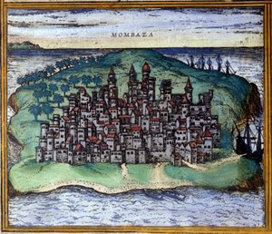16世紀、BraunとHogenbergによるアトラス "Civitates Orbis Terrarum "の後、ポルトガル人に占領されたケニアのモンバサの風景。