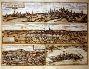 ドイツの都市ニュルンベルクとウルム、オーストリアのザルツブルグの眺め。1572年「ブラウンとホーゲンベルグ」のアトラスからのエングレーヴィング