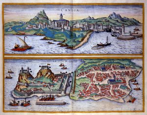 クレタ島のキャンディ港（現在のイラクリオン）とギリシャのコルフ港の眺め ジョージ・ブラウンの版画 フランツ・ホーゲンベルグ（1535-1590）が書いた「Civitatis Orbis Terrarum」第1巻に掲載されています。 作： Georg Braun and Hogenberg Franz